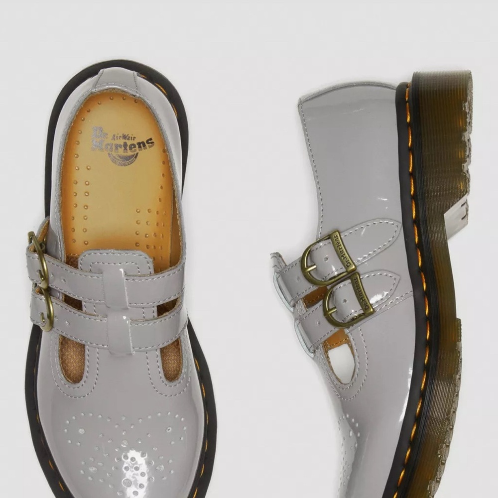 Dr. Martens Glossy Gray Buckle Shoes